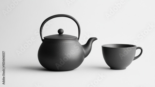 A stylish, minimalist tea kettle and matching cup sits on a neutral surface, inviting a serene tea-drinking experience. Generative AI