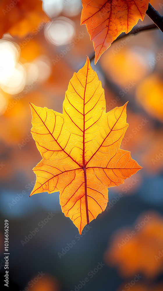 Yellow autumn leaf close-up. With a blurred bokeh background, a bright orange tree changes. Yellow autumn leaf close-up. With a blurred bokeh background, a bright orange tree changes.