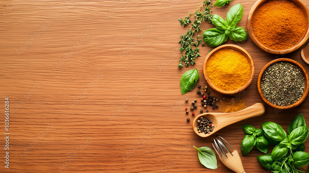 Top view of spices herbs and utensil on wooden table, kitchen background with copy space Top view of spices herbs and utensil on wooden table, kitchen background with copy space