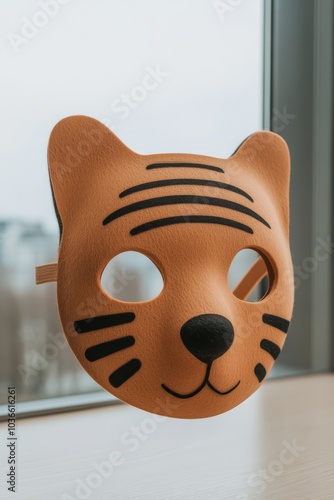 A sleek product photo of a tiger mask made from durable lightweight plastic with a matte orange finish and black felt stripes, featuring soft edges and a comfortable elastic strap. photo