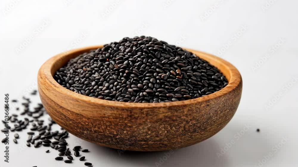 A wooden bowl filled with black sesame seeds sits on a white surface A wooden bowl filled with black sesame seeds sits on a white surface