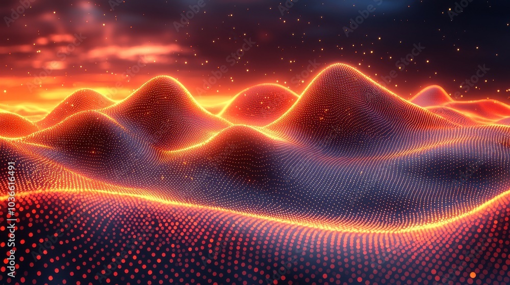 Digital landscape with glowing hills at sunset, showcasing intricate patterns and vibrant colors in a surreal environment Digital landscape with glowing hills at sunset, showcasing intricate patterns and vibrant colors in a surreal environment