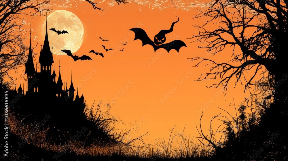 Fototapeta premium A Halloween scene with a castle and bats flying in the sky