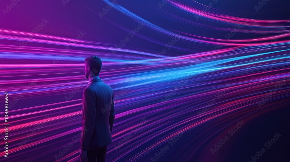 Man in suit amidst flowing neon light streams Man in suit amidst flowing neon light streams