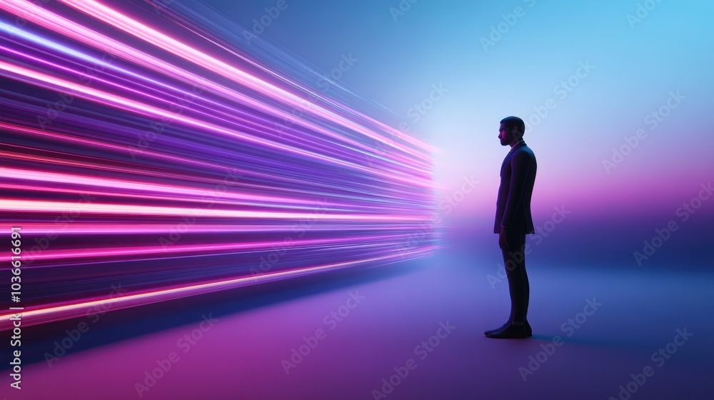 Man facing colorful futuristic light trails tunnel. Man facing colorful futuristic light trails tunnel.
