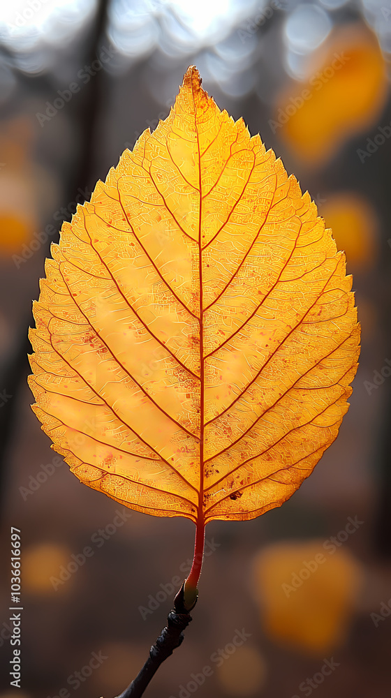 Yellow autumn leaf close-up. With a blurred bokeh background, a bright orange tree changes. Yellow autumn leaf close-up. With a blurred bokeh background, a bright orange tree changes.