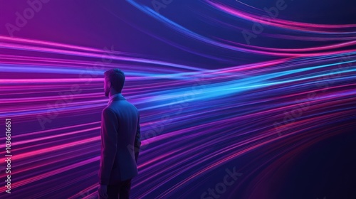 Man in suit amidst flowing neon light streams