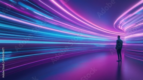 Person observes galaxy of swirling vibrant lights