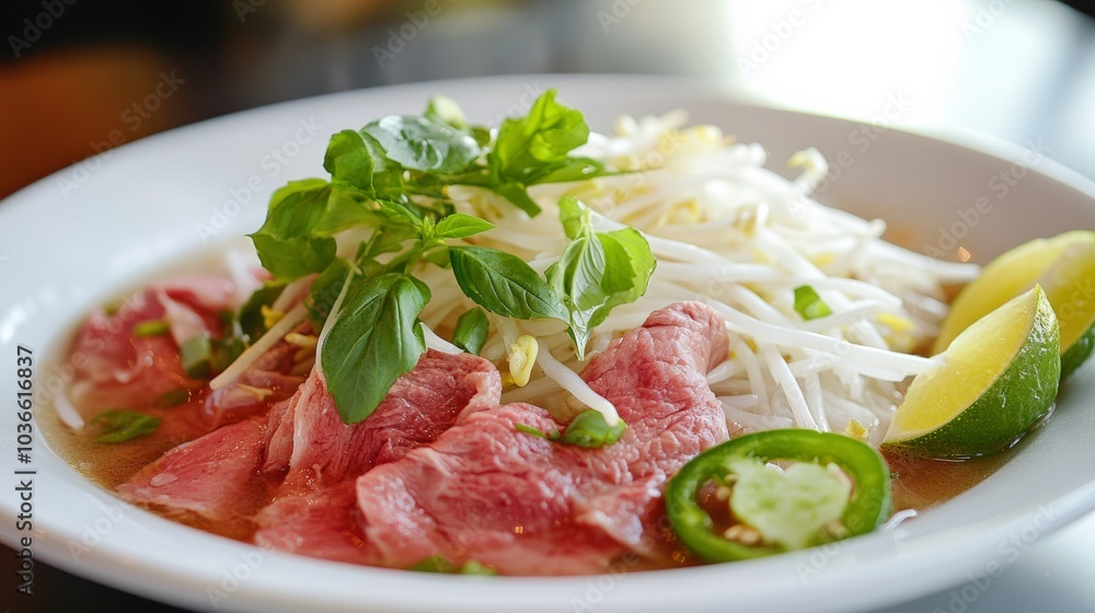 A hearty plate of beef pho with thinly sliced beef, rice noodles, bean sprouts A hearty plate of beef pho with thinly sliced beef, rice noodles, bean sprouts