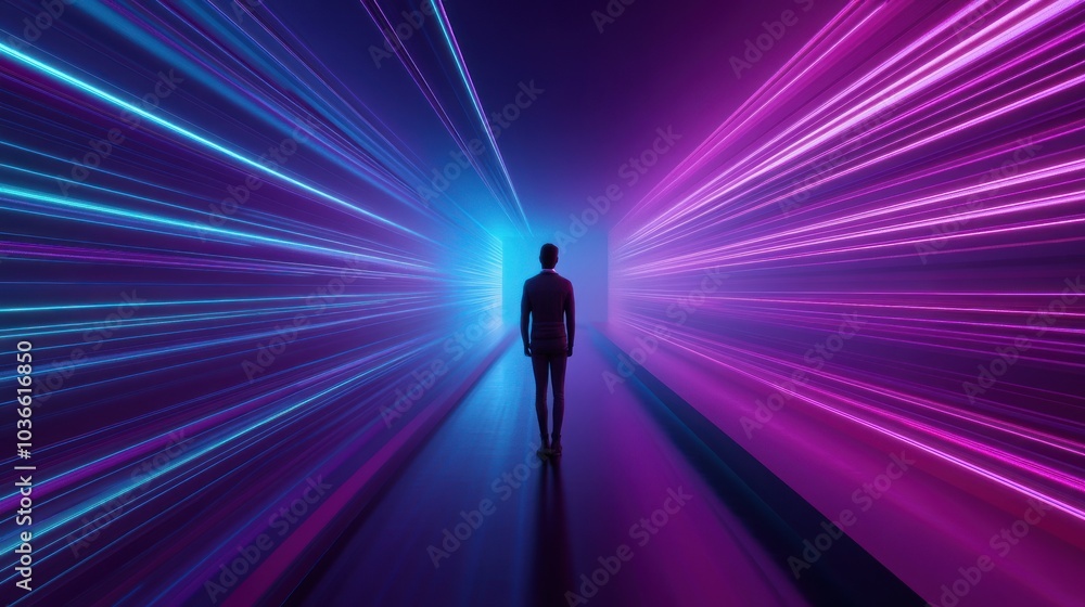 Person walks towards light in neon tunnel ambiance. Person walks towards light in neon tunnel ambiance.