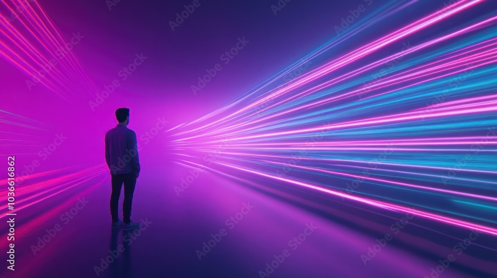 Silhouette gazes at vivid streaks in neon corridor. Silhouette gazes at vivid streaks in neon corridor.