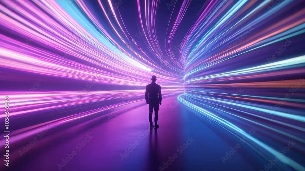 Silhouette amidst vibrant trails of light and color Silhouette amidst vibrant trails of light and color