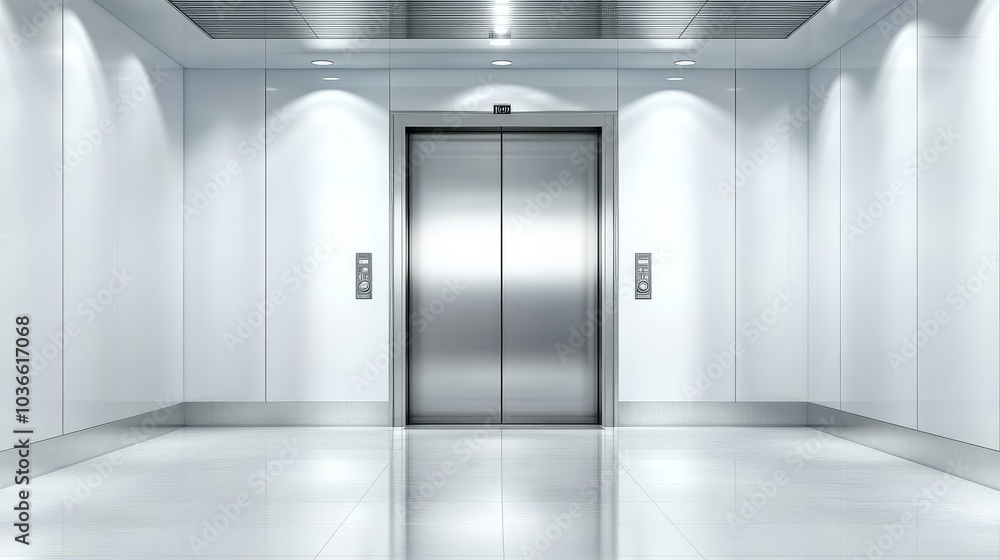 A modern elevator interior with sleek metallic doors and minimalistic design. A modern elevator interior with sleek metallic doors and minimalistic design.