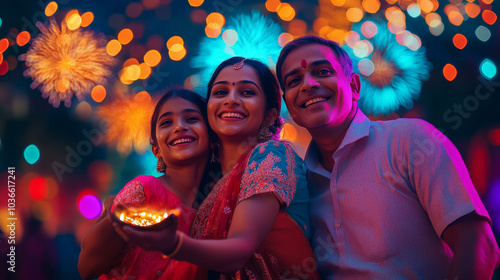 Indian Family Group Photo Under Diwali Fireworks in a Park photo