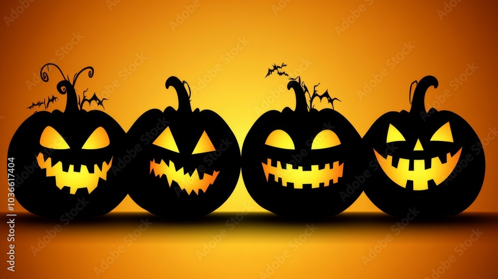 Four pumpkins with their mouths open and eyes wide, all smiling Four pumpkins with their mouths open and eyes wide, all smiling