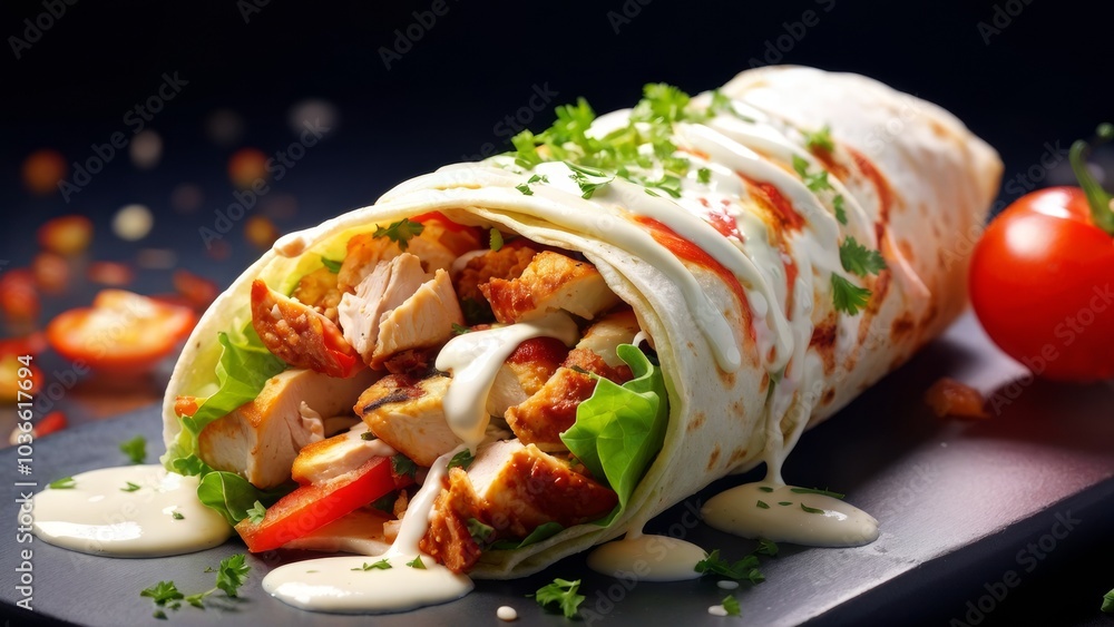 Chicken fillet, sprinkled with chopped red pepper and poured with creamy yogurt sauce, all wrapped in a pita bread leaf. Chicken fillet, sprinkled with chopped red pepper and poured with creamy yogurt sauce, all wrapped in a pita bread leaf.