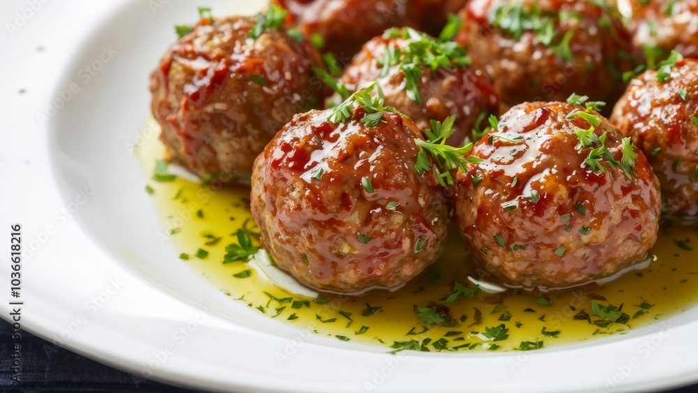 Turkey meatballs, with a scattering of fresh herbs. Turkey meatballs, with a scattering of fresh herbs.
