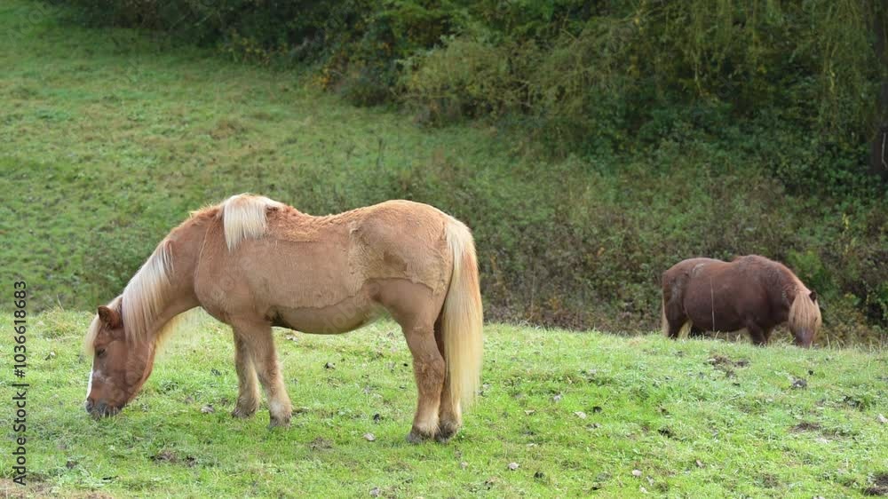 Two brown small pony horses grazing in a meadow on a pasture in the rural countryside, trees and forest in background
Two brown small pony horses grazing in a meadow on a pasture in the rural countryside, trees and forest in background