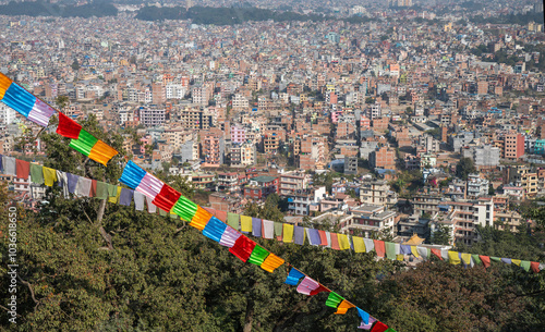 Buddhist flags over the city of Kathmandu. Nepal