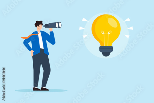 Flat illustration of businessman looking through binoculars at lightbulb idea seeking to discover new solutions and opportunities