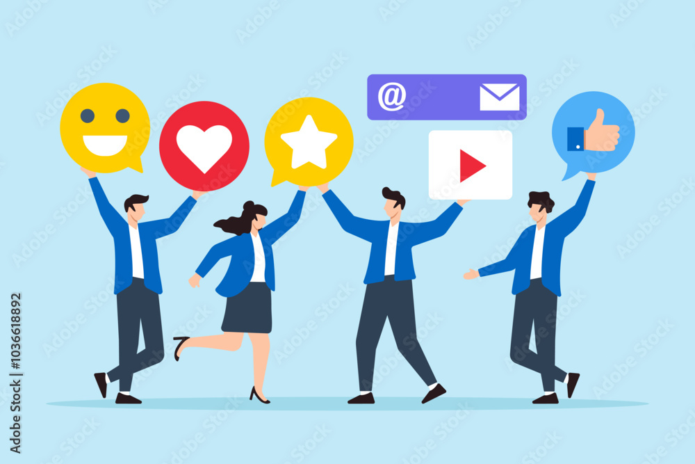 Flat illustration of people carry social media feedback elements providing customer positive reviews online Flat illustration of people carry social media feedback elements providing customer positive reviews online