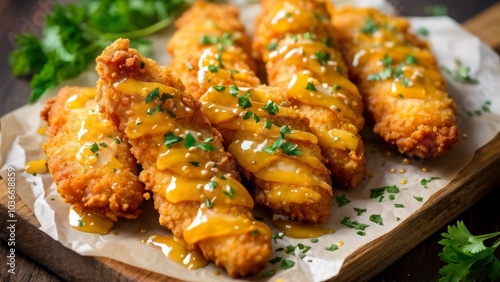 Crispy chicken nuggets in honey mustard sauce, served on a rustic wooden chopping board with a scattering of fresh parsley leaves. photo