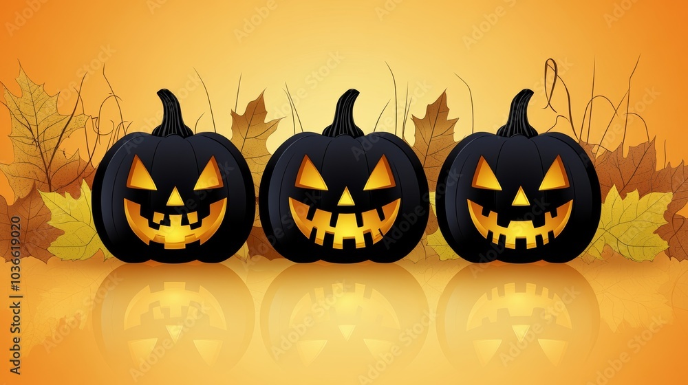 Three black pumpkins with yellow eyes are smiling on a yellow background Three black pumpkins with yellow eyes are smiling on a yellow background
