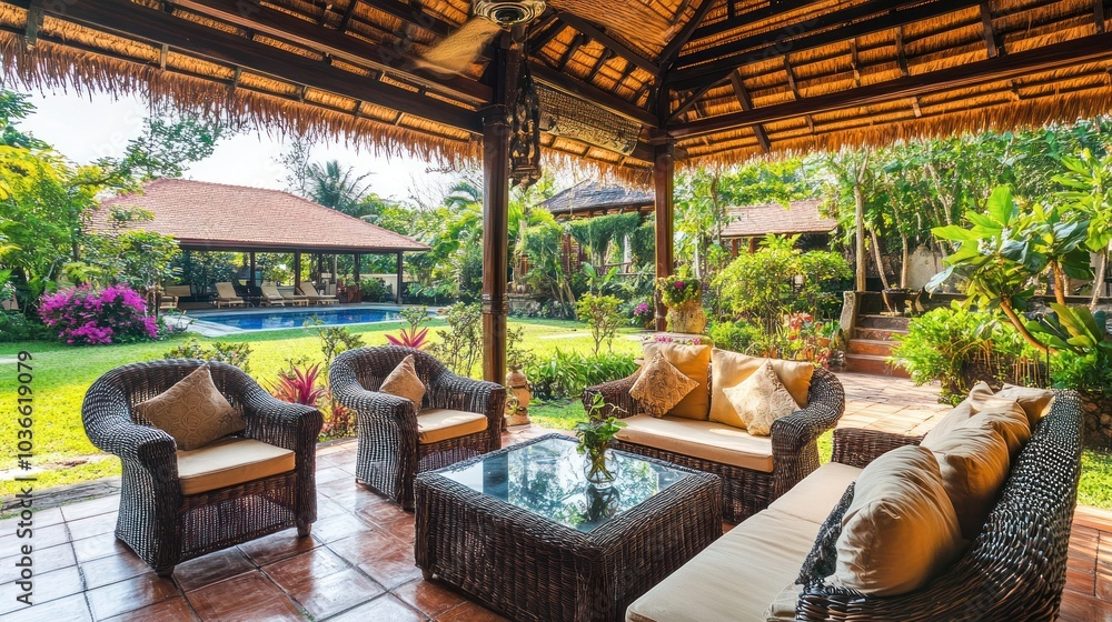 Fototapeta premium Relaxing patio with wicker furniture and a view of a tropical garden, pool, and thatched roof.