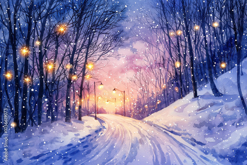 A tranquil winter scene with a winding snow-covered road, illuminated by twinkling lights among snow-draped trees at twilight.