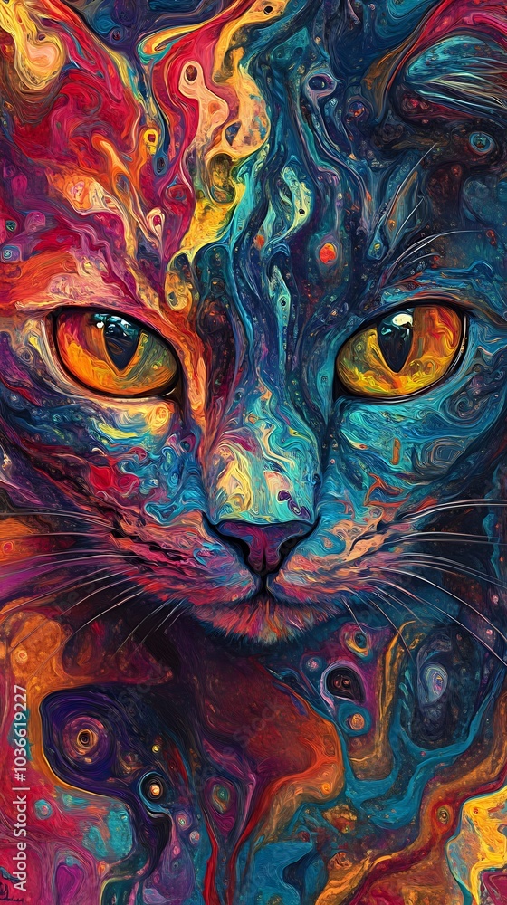 Fototapeta Colorful abstract painting of a cat on colorful background.