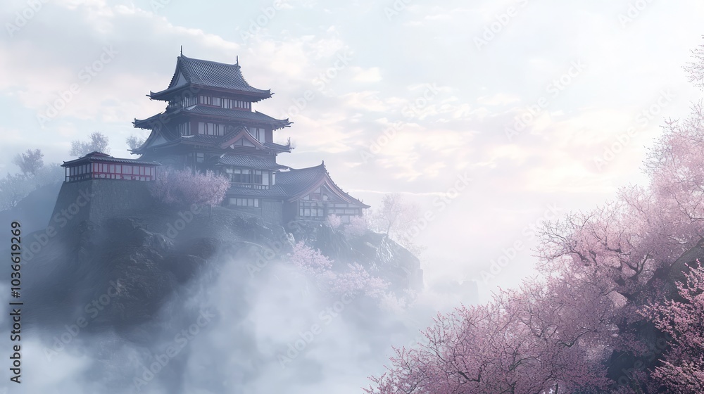Majestic Ancient Stone Castle in Medieval Japanese Landscape with Cherry Blossom Trees and Misty Atmosphere Majestic Ancient Stone Castle in Medieval Japanese Landscape with Cherry Blossom Trees and Misty Atmosphere