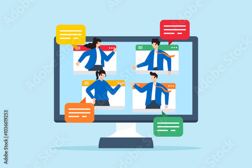 Flat illustration of business people chat in computer dialogue during online discussion and meeting