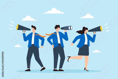 Flat illustration of business people search with binoculars and megaphone for candidates to hire in recruitment