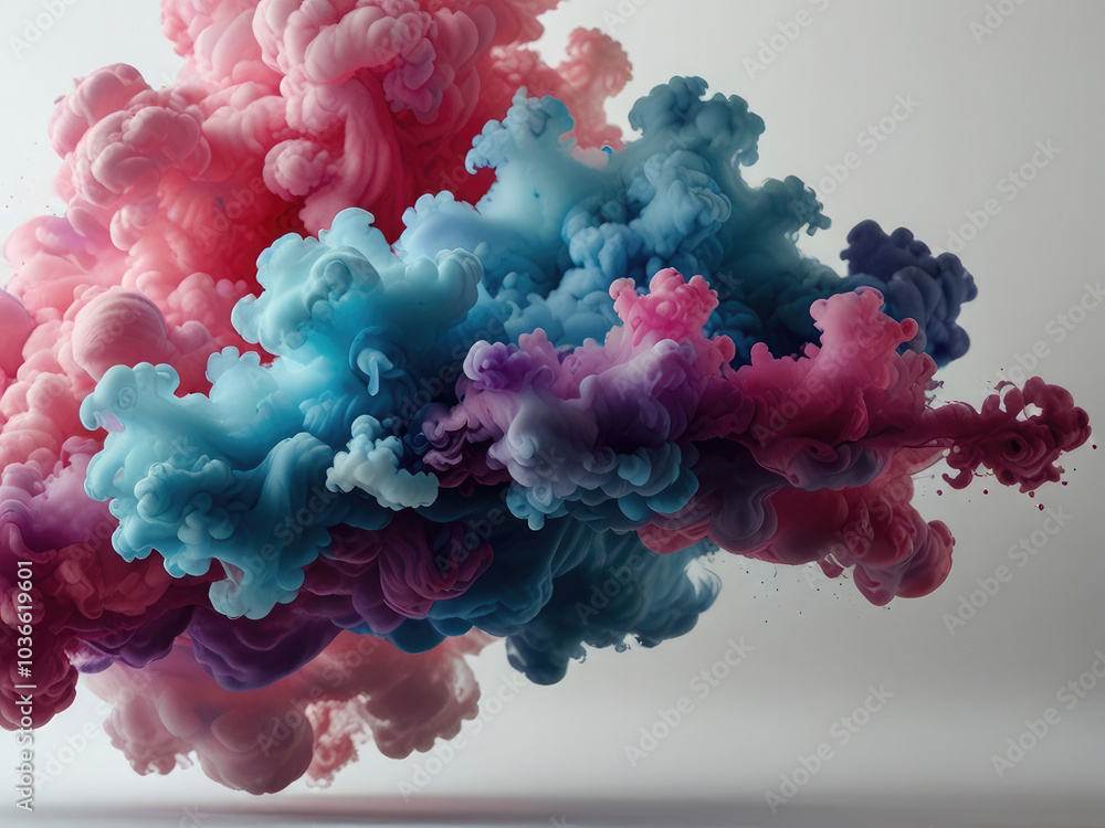 Acrylic color pigment and ink cloud in water. Abstract smoke on white background with copy space. Fancy dream cloud of ink underwater. Purple, blue and pink colors