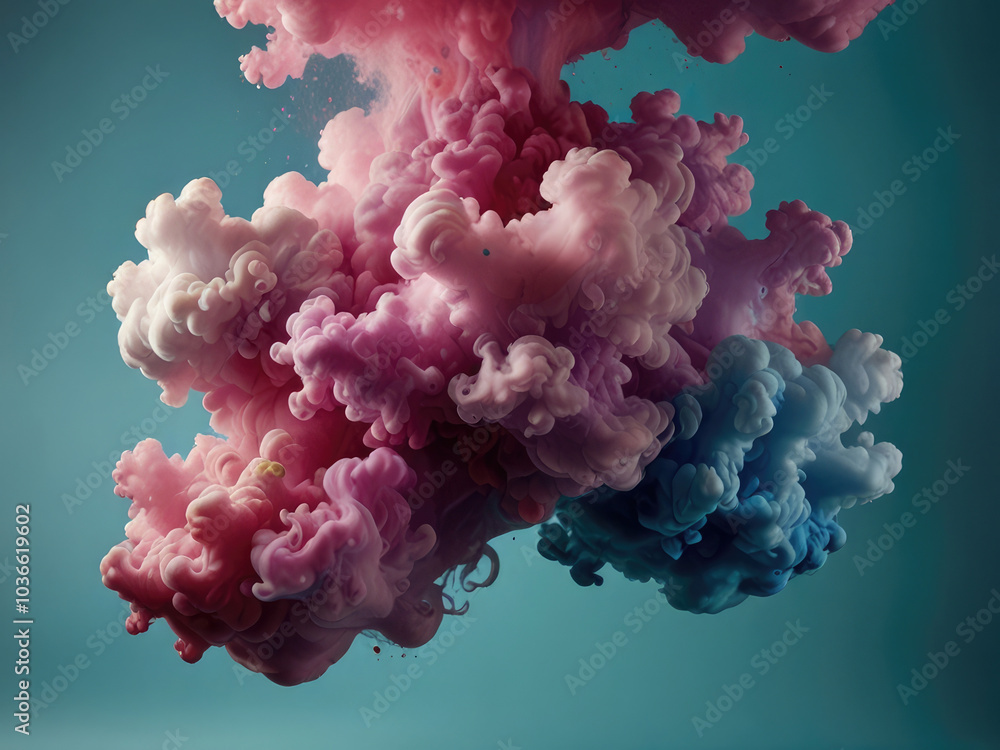 Fototapeta premium Acrylic color pigment and ink cloud in water. Abstract smoke on white background with copy space. Fancy dream cloud of ink underwater. Purple, blue and pink colors