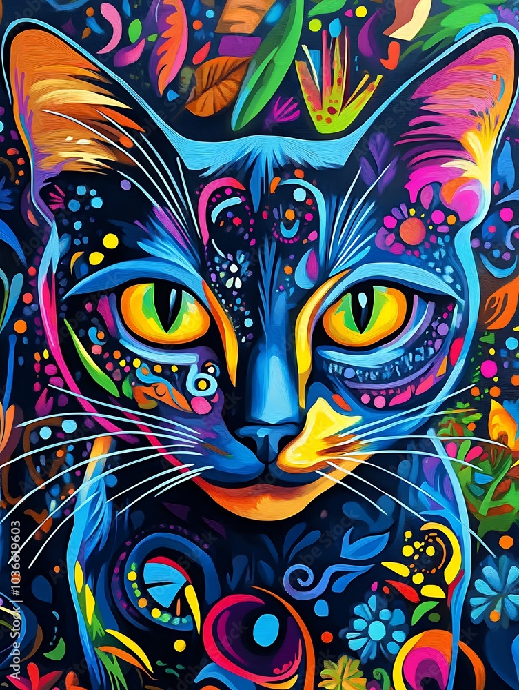 Obraz premium Colorful abstract painting of a cat on colorful background.