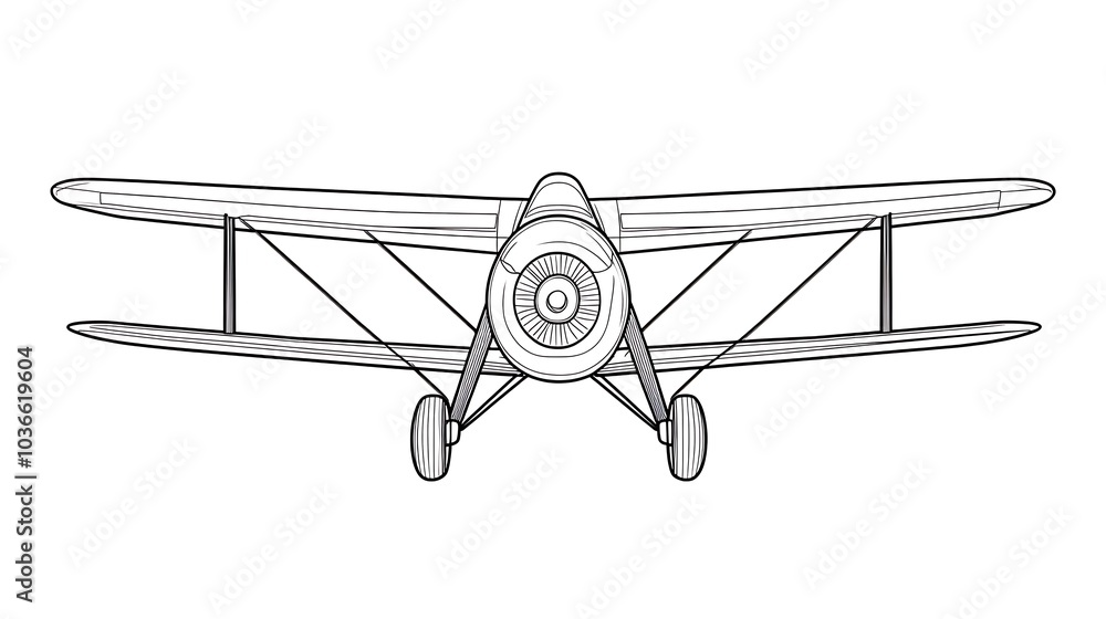 Cartoon outline of a biplane with two wings, minimal details, and no shading, designed for children to color Cartoon outline of a biplane with two wings, minimal details, and no shading, designed for children to color