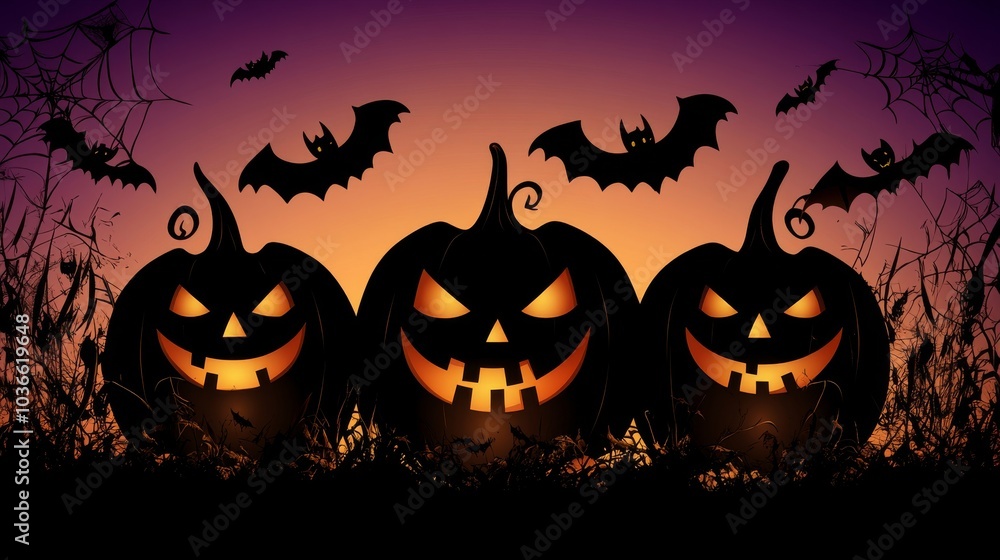 Three pumpkins with scary faces are surrounded by bats Three pumpkins with scary faces are surrounded by bats