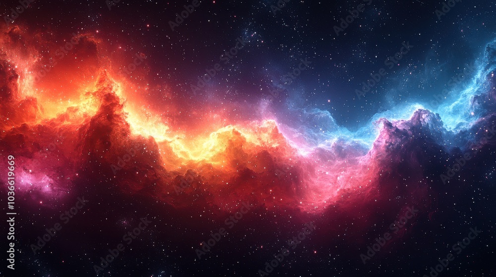 Fototapeta premium Vibrant cosmic nebula glowing with red, orange, and blue hues in the depths of space, showcasing nature's beauty in the universe