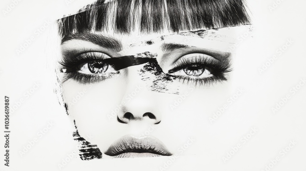 Obraz premium High-contrast monochrome portrait of a woman with sharp focus on eyes and facial features