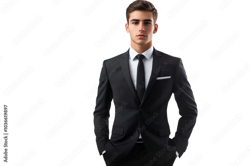 A fashionable young man wearing a sharp tailored suit and tie, standing confidently with hands in pockets, showcasing a sleek and modern style A fashionable young man wearing a sharp tailored suit and tie, standing confidently with hands in pockets, showcasing a sleek and modern style