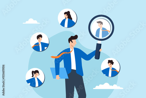 Flat illustration of HR recruiter hold magnifying glass and CV to analyze candidates during recruitment process