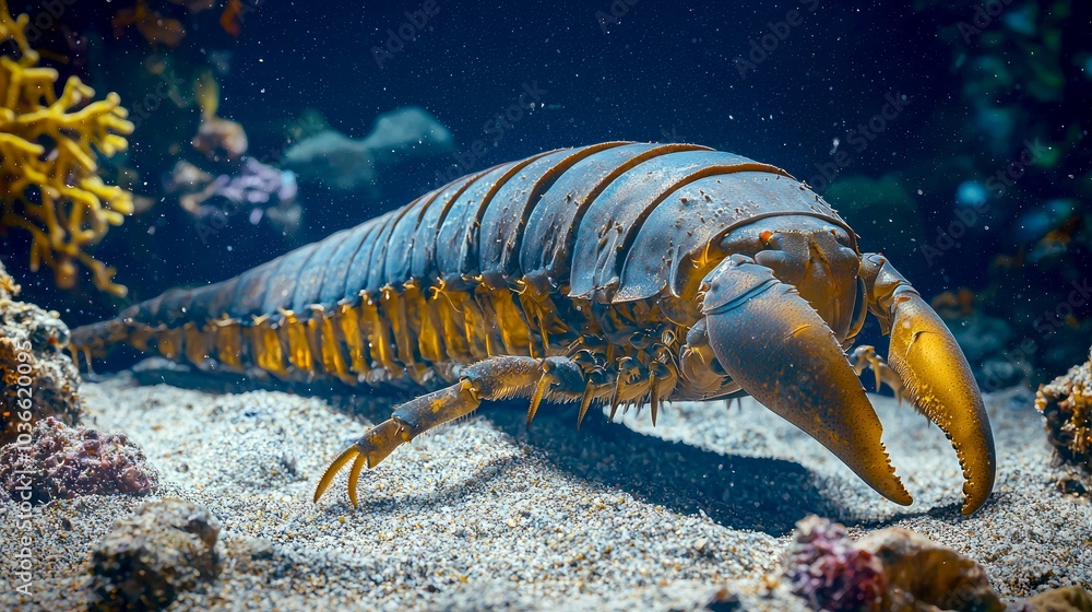 A large, prehistoric-looking sea creature with a segmented body and large claws crawls across a sandy seabed.
