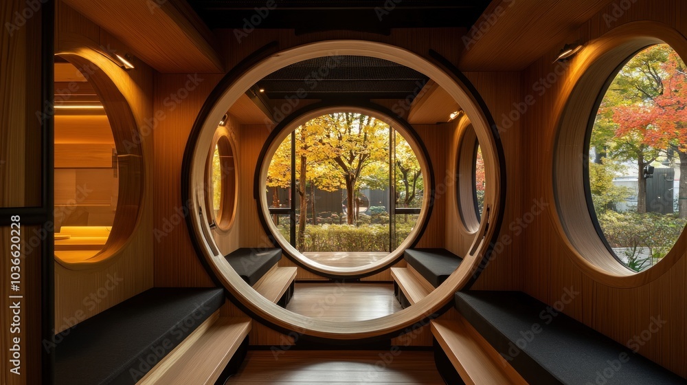 Interior of a wooden room with curved windows and a view of a garden with fall foliage. Interior of a wooden room with curved windows and a view of a garden with fall foliage.