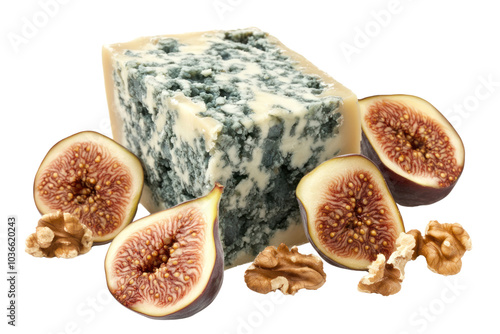 A detailed image of a chunk of blue cheese, highlighting its crumbly consistency and distinctive blue-green marbling. The cheese is surrounded by scattered walnuts and fresh figs photo