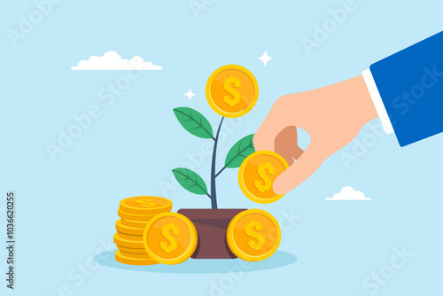 Flat illustration of businessman hand puts money coins on growing seedling representing investment growth and financial freedom