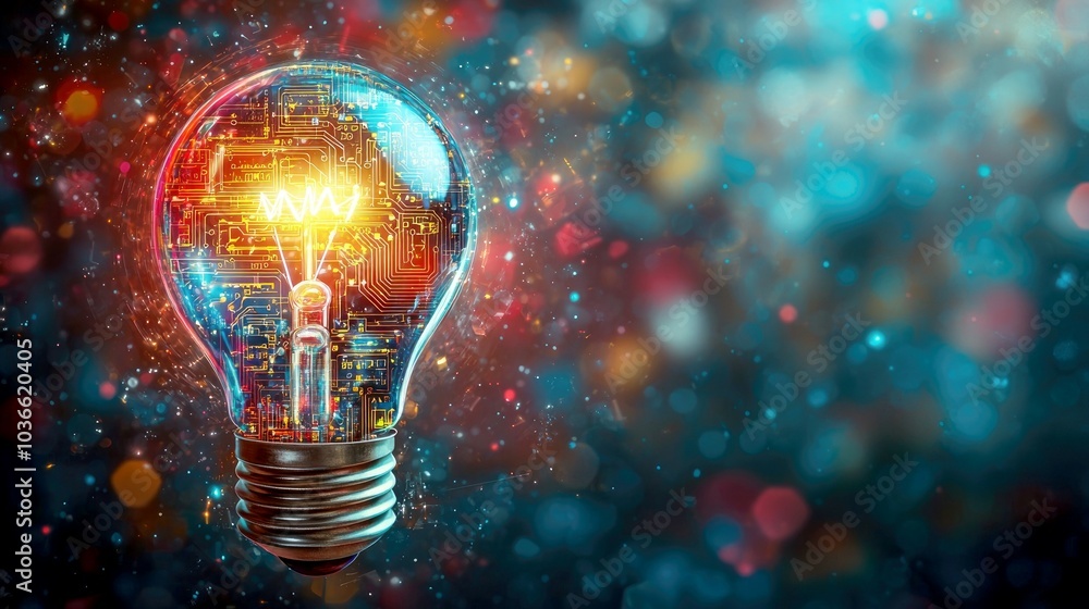 A light bulb with a circuit board inside glows brightly against a colorful bokeh background, symbolizing innovation and technology. A light bulb with a circuit board inside glows brightly against a colorful bokeh background, symbolizing innovation and technology.