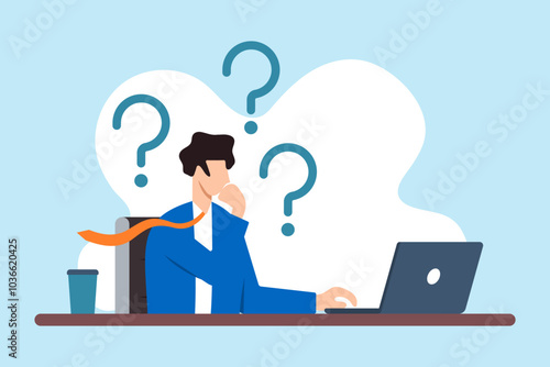 Flat illustration of businessman thinks on laptop with question mark contemplating doubts and solving problems