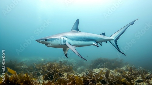 Wallpaper Mural A lone blue shark swims through a kelp forest, its sleek body a stark contrast to the green Torontodigital.ca