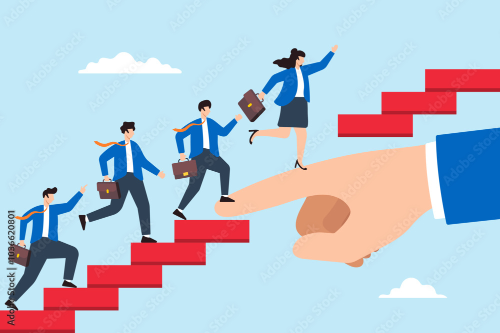 Flat illustration of giant hand helps business people cross gap symbolizing support and mentorship for team success Flat illustration of giant hand helps business people cross gap symbolizing support and mentorship for team success